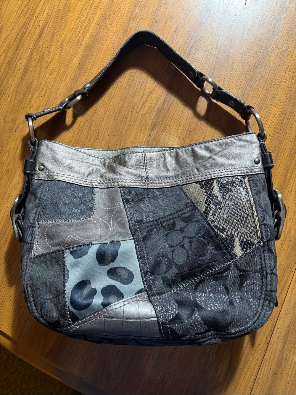 Coach Zoe Patchwork Leather & Fabric Hobo Bag in Black and Gray - Picture 2 of 13
